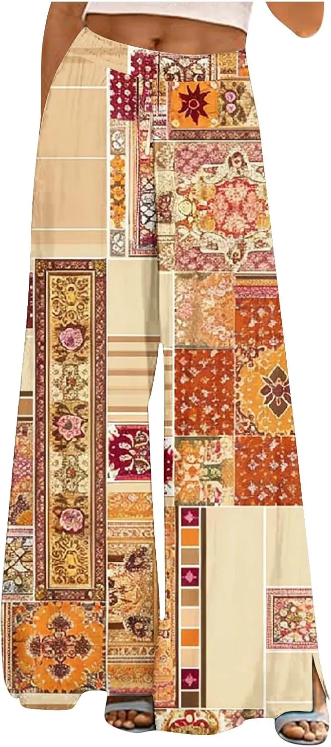 Lastesso Wide Leg Pants Women Casual Flowy Palazzo Pants High Waist Ethnic Style Fashion Falll Clothes Soft Lounge Pants