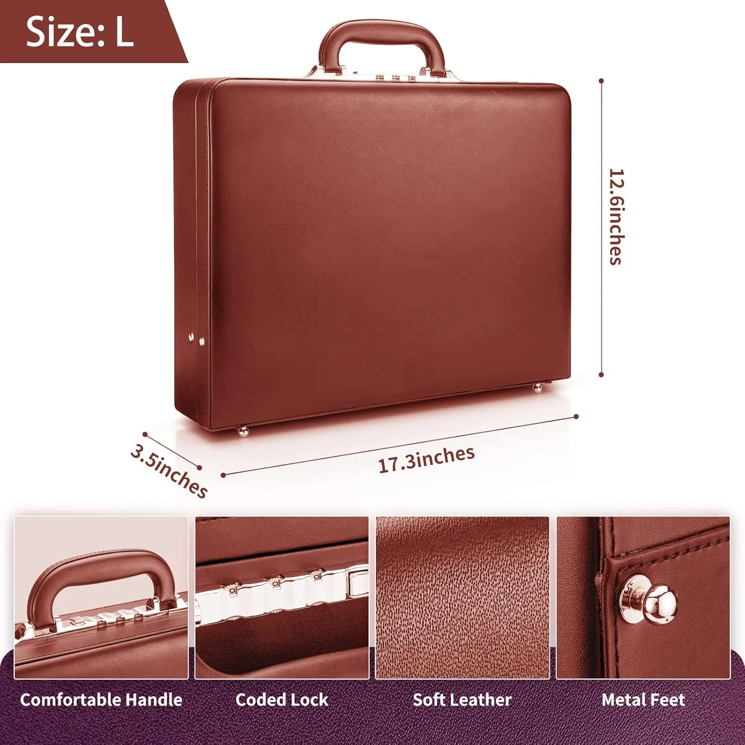 Leather Briefcase for Men Business, Hard Shell Classic Attache Case with Combination Lock, Fits 16 Inch Laptop, Brown