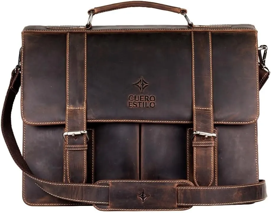 Leather Briefcase - Handcrafted Floater Leather, Business & Travel Bag with Laptop Sleeve & Buckle Flap Closure - Durable, Stylish. (Color: Dark Brown)