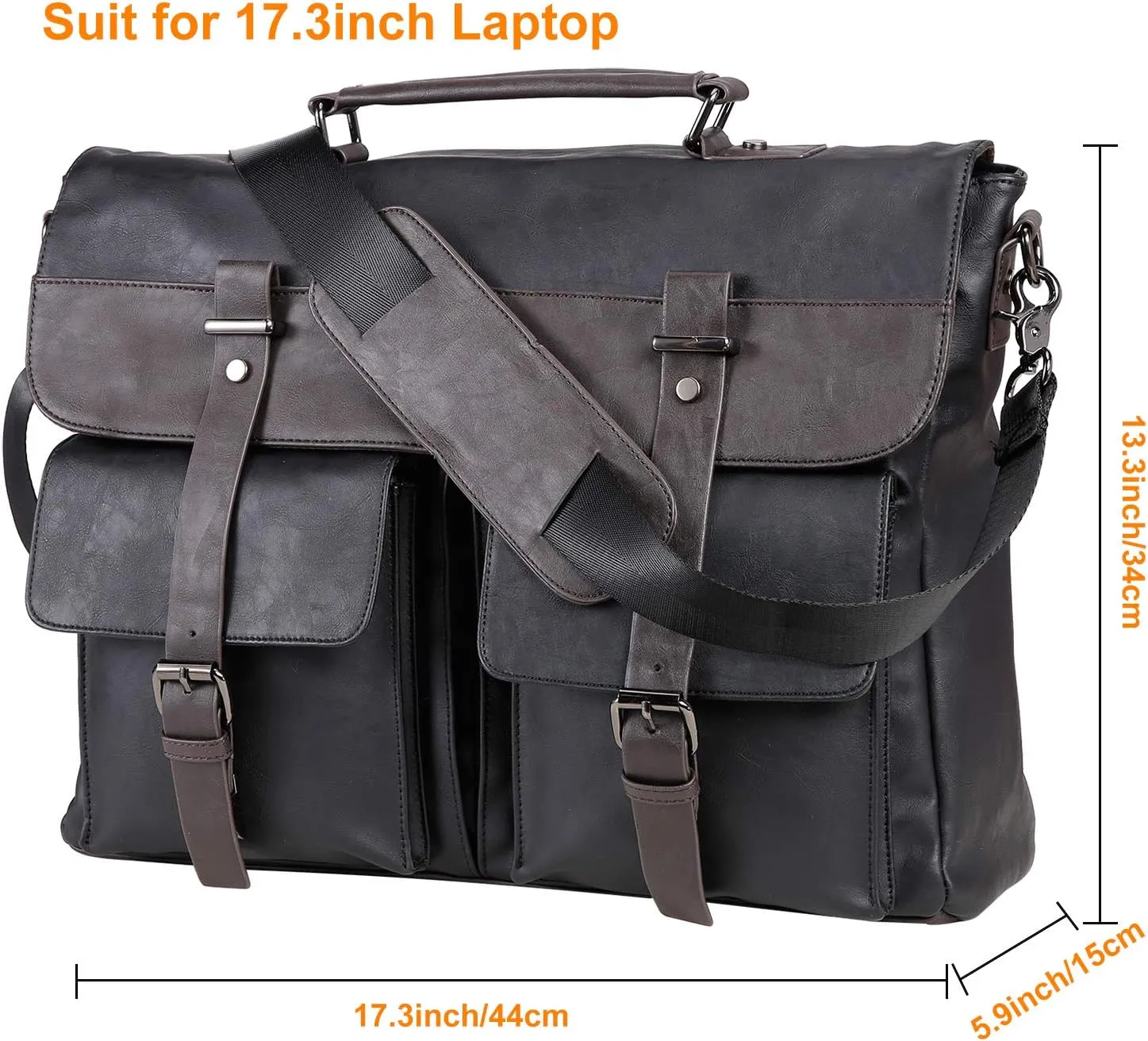 Leather Messenger Bag for Men, 17.3 Inch Vintage PU Leather Laptop Bag Briefcase Satchel, Large Messenger Bag Water Resistant Mens Work Bag (Black)