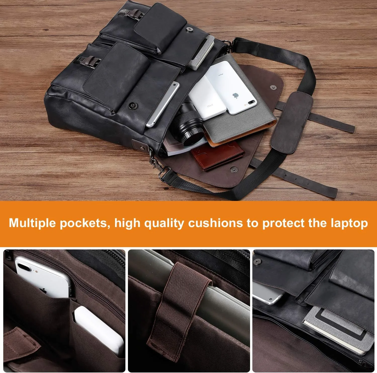 Leather Messenger Bag for Men, 17.3 Inch Vintage PU Leather Laptop Bag Briefcase Satchel, Large Messenger Bag Water Resistant Mens Work Bag (Black)