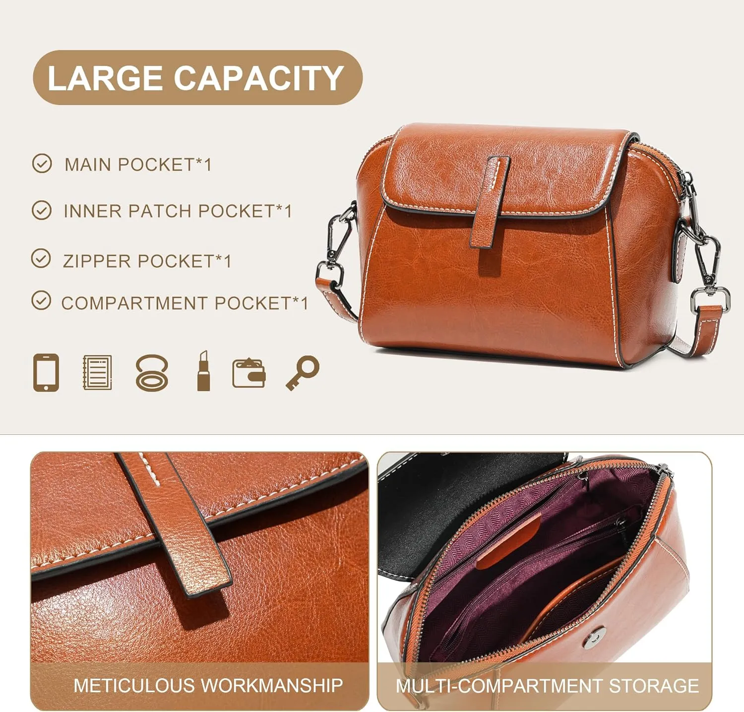 Leather Small Crossbody Bags for Women Shoulder Shell Bag Large Capacity Cell Phone Bag Adjustable Shoulder Strap