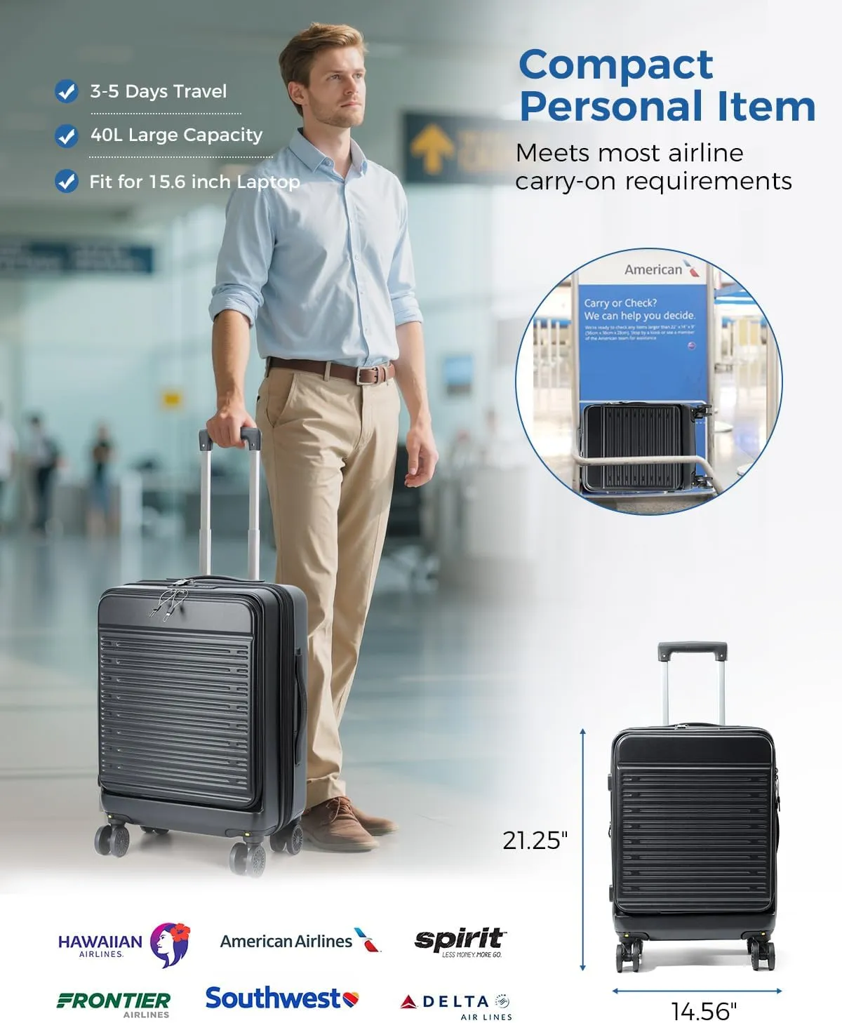Lekesky 21 Inch Carry On Luggage Airline Approved, Hard Shell Suitcase with Laptop Compartment, Lightweight Rolling Luggages with Detachable Spinner Wheels & TSA Lock for Men Women, Black