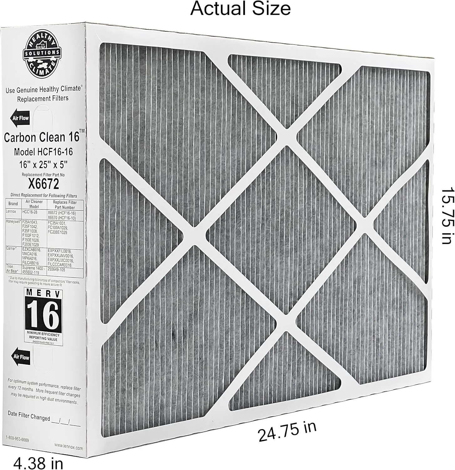 Lennox Healthy Climate Lennox X6672 16x25x5 Healthy Climate Carbon-Clean MERV 16 Filter Bundle with Same Day Supply Filter Change Reminder