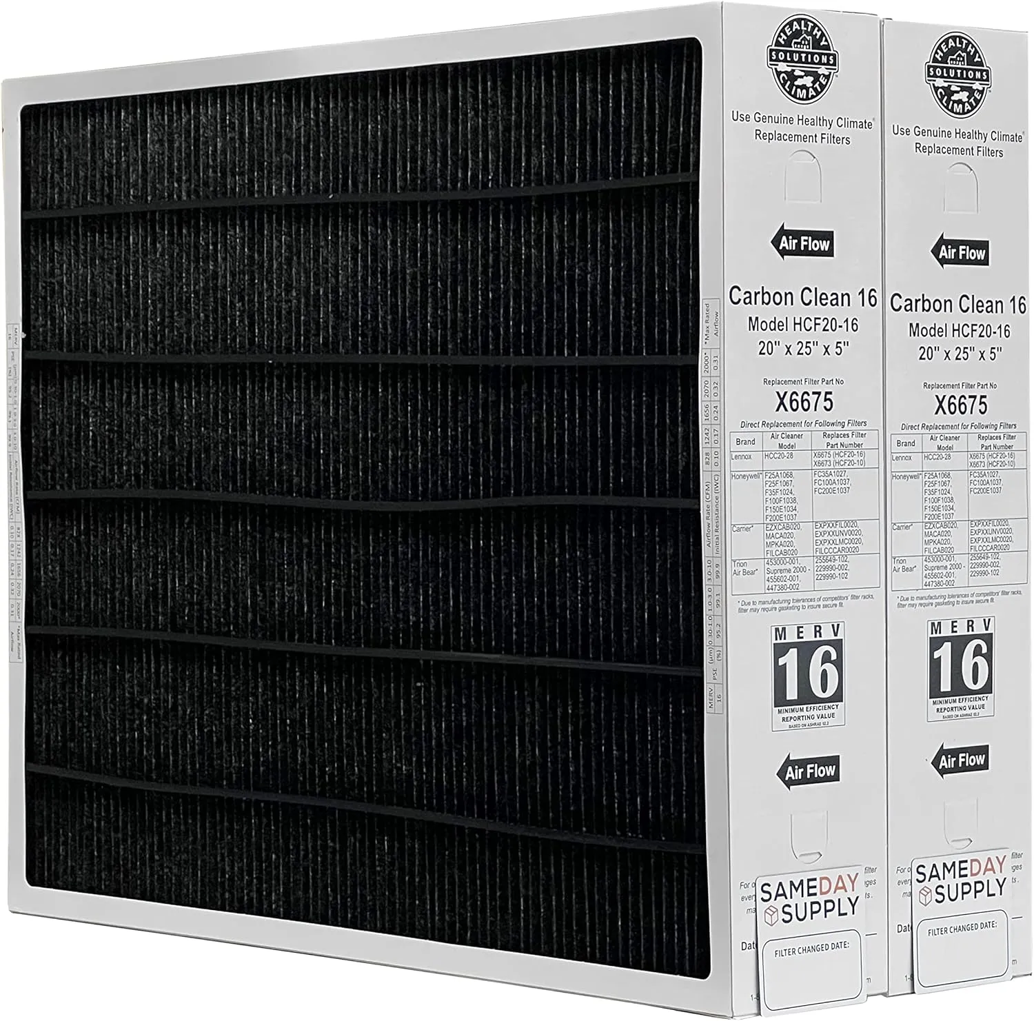 Lennox Healthy Climate Lennox X6675 20x25x5 Healthy Climate Carbon-Clean MERV 16 Filter Bundle with Same Day Supply Filter Change Reminder Magnet (2-Pack) 2 Count (Pack of 1)