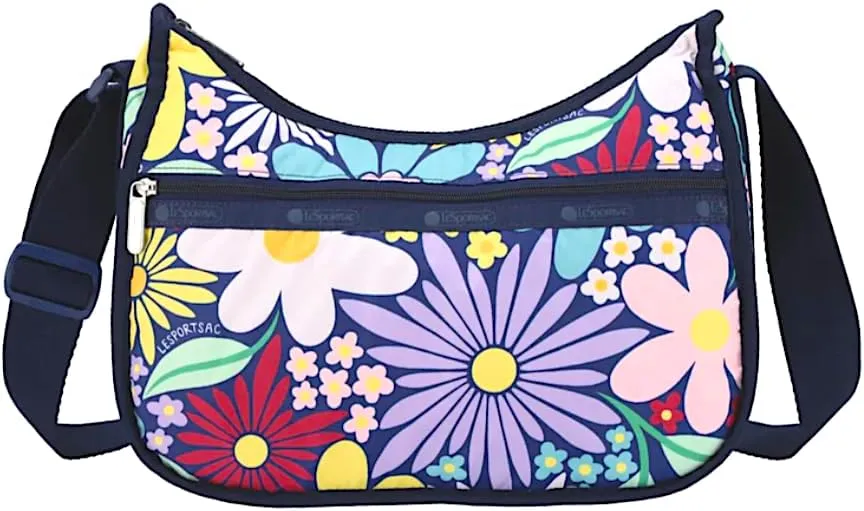 LeSportsac Flower Pop Classic Hobo Crossbody Bag   Cosmetic Bag, Style 7520/Color E877, Playful & Colorful Retro Pop Art Flowers, Lightweight Nylon in New Environmentally Conscious Recycled Material