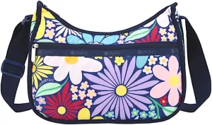 LeSportsac Flower Pop Classic Hobo Crossbody Bag   Cosmetic Bag, Style 7520/Color E877, Playful & Colorful Retro Pop Art Flowers, Lightweight Nylon in New Environmentally Conscious Recycled Material