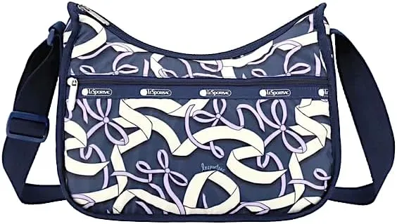 LeSportsac Hope Ribbons Classic Hobo Crossbody Bag   Cosmetic Bag, Style 7520/Color E779, Artful Lilac Bows & Graceful White Ribbons Elegantly Arranged on Classic Navy Blue Bag