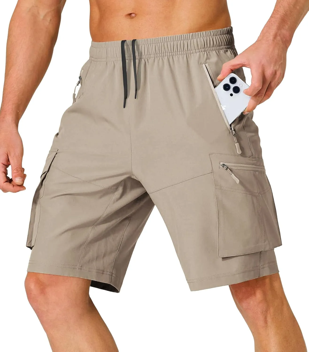 Lexiart Men's Hiking Cargo Shorts Drawstring Stretch Lightweight Quick Dry Shorts with Zipper Pockets