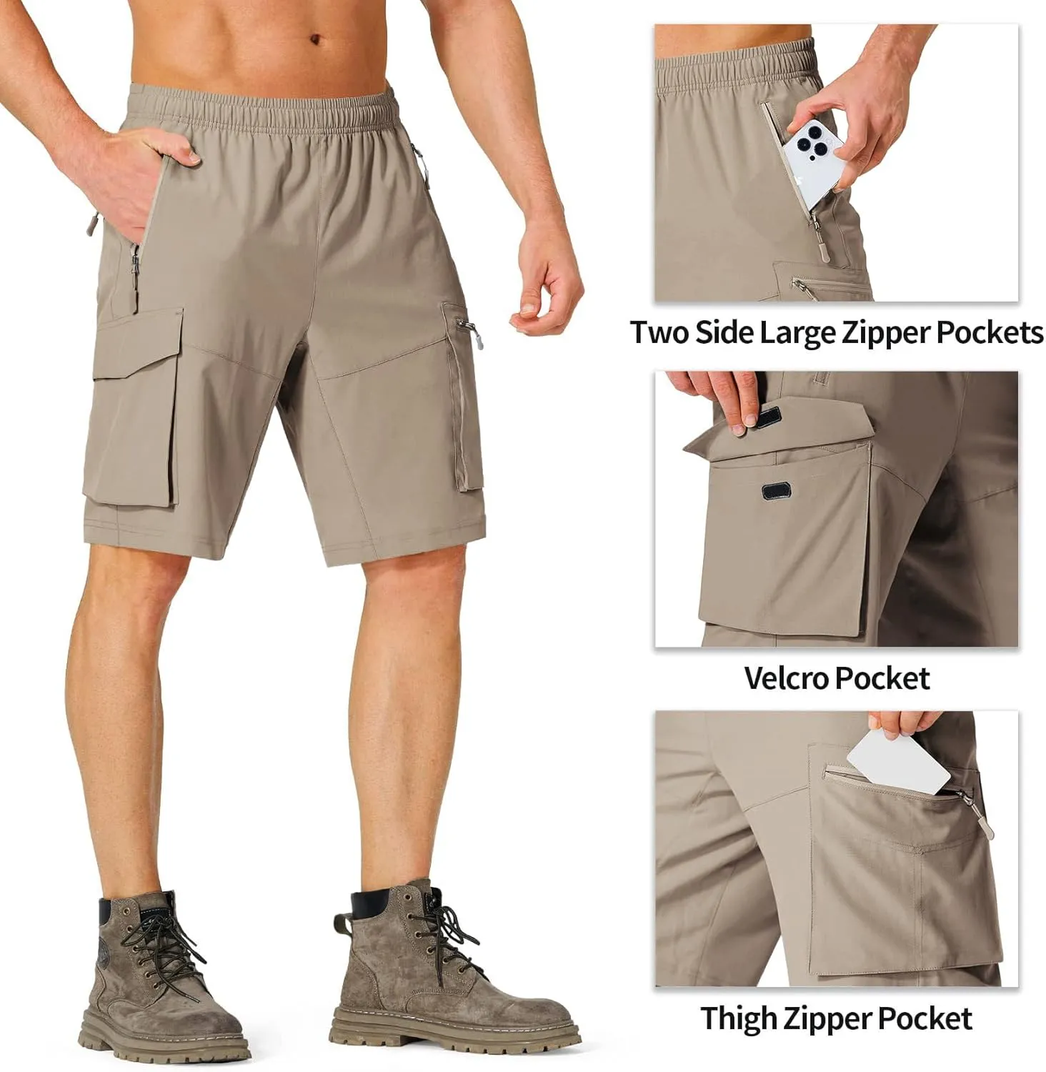 Lexiart Men's Hiking Cargo Shorts Drawstring Stretch Lightweight Quick Dry Shorts with Zipper Pockets