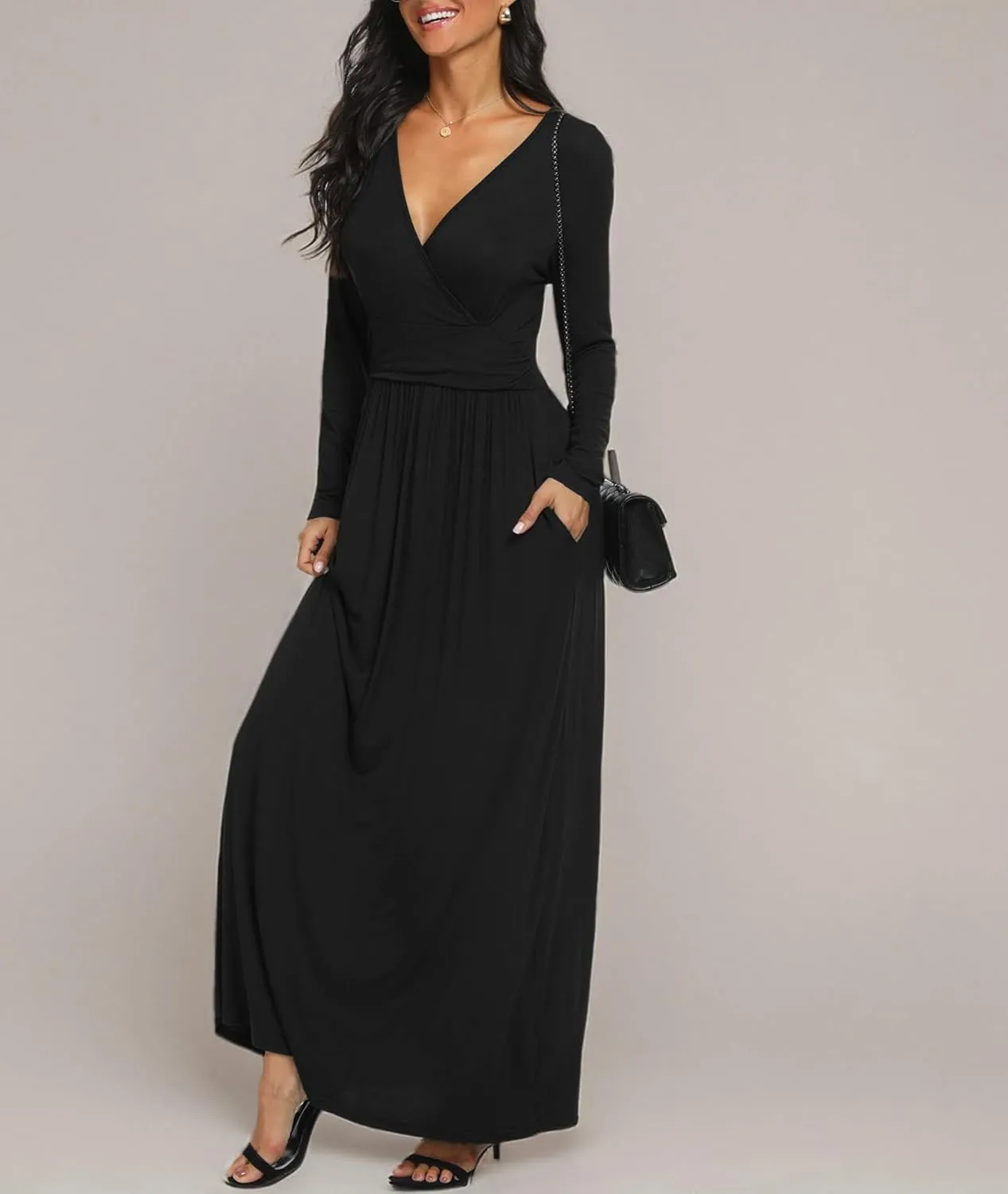 LILBETTER Women Long Sleeve Deep V Neck Loose Plain Long Maxi Casual Dress