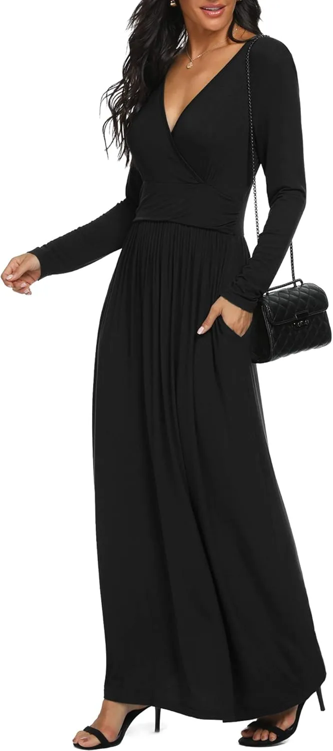 LILBETTER Women Long Sleeve Deep V Neck Loose Plain Long Maxi Casual Dress