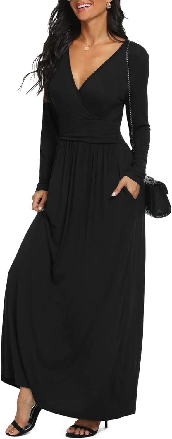 LILBETTER Women Long Sleeve Deep V Neck Loose Plain Long Maxi Casual Dress