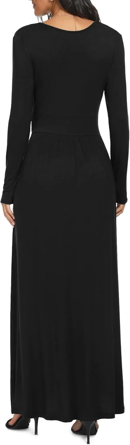 LILBETTER Women Long Sleeve Deep V Neck Loose Plain Long Maxi Casual Dress