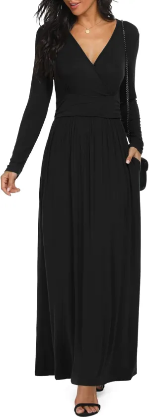 LILBETTER Women Long Sleeve Deep V Neck Loose Plain Long Maxi Casual Dress