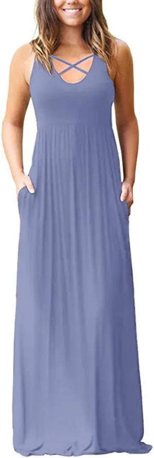 LILBETTER Women's Sleeveless Racerback Loose Plain Maxi Dresses Casual Long Dresses with Pockets