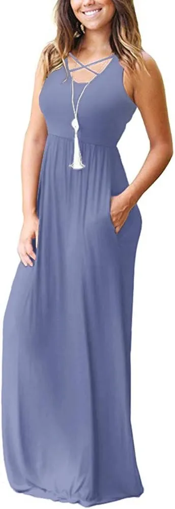 LILBETTER Women's Sleeveless Racerback Loose Plain Maxi Dresses Casual Long Dresses with Pockets