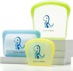 LILY & EDITH Dinosaur Reusable Sandwich Bag/Snack Bag, Silicone Bag, Travel Pouch, BPA Free, Food-Safe Storage, Leakproof, Airtight, Dishwasher & Microwave & Freezer Safe, Cook, Store (3Pk), Medium