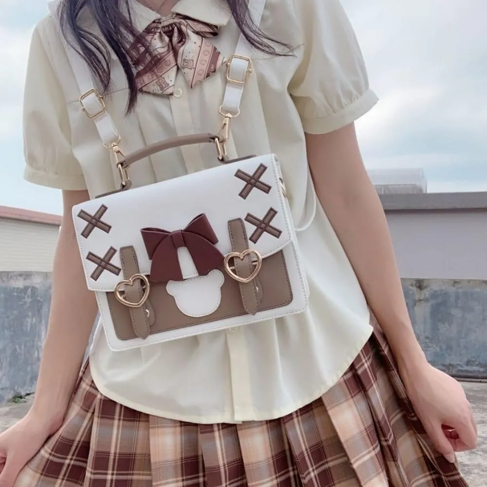 Lolita Messenger Bag PU Leather Satchel Handbag Japanese Backpack Black JK Shoulder Bag Kawaii Bear Bag for Women
