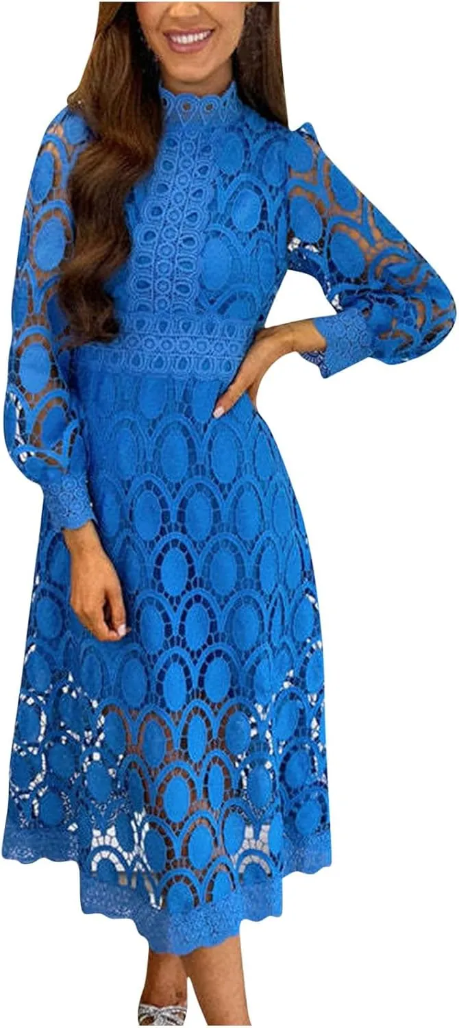 Long Dresses for Women Formal Party Long Sleeve Plain Lace Dress Causal Dressy Empire Waist Fall Dress Trendy Clothes