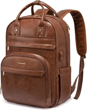 LOVEVOOK Laptop Backpack for Women,15.6 inch Vintage PU Work Backpack Purse with USB Charging Port,Fashion Travel Backpack Waterproof Teacher Backpack for Business College PU Brown