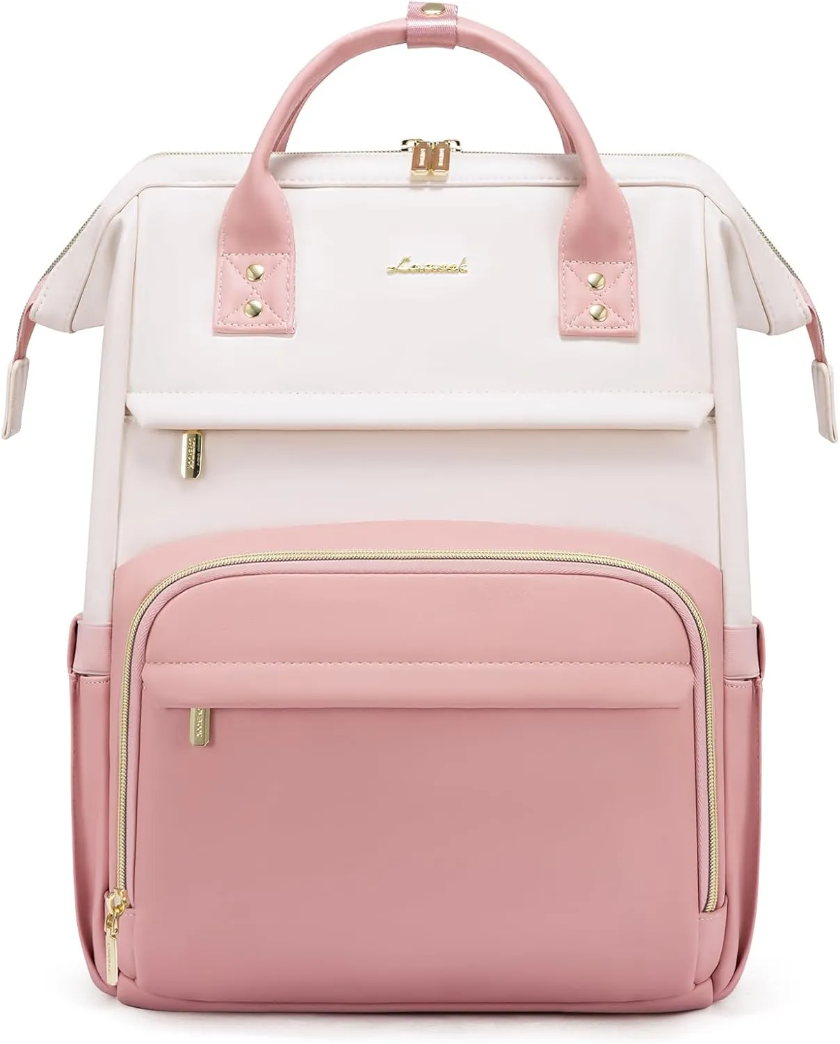LOVEVOOK Leather Backpack for Women, 15.6 Inch Laptop Bag, Professional Work Tote for Nurse College Teacher, Computer Travel Purse, Beige White-Pink