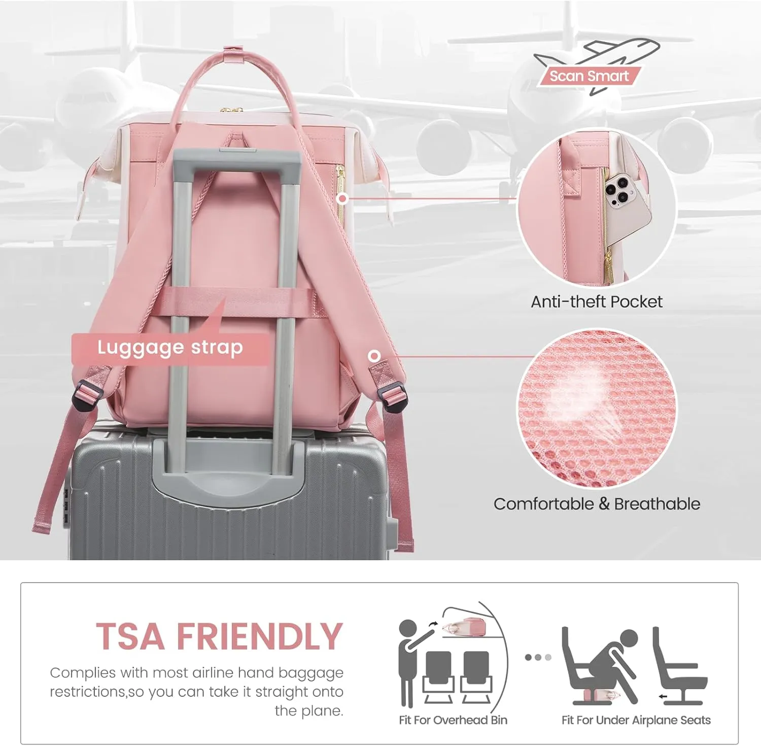 LOVEVOOK Leather Backpack for Women, 15.6 Inch Laptop Bag, Professional Work Tote for Nurse College Teacher, Computer Travel Purse, Beige White-Pink