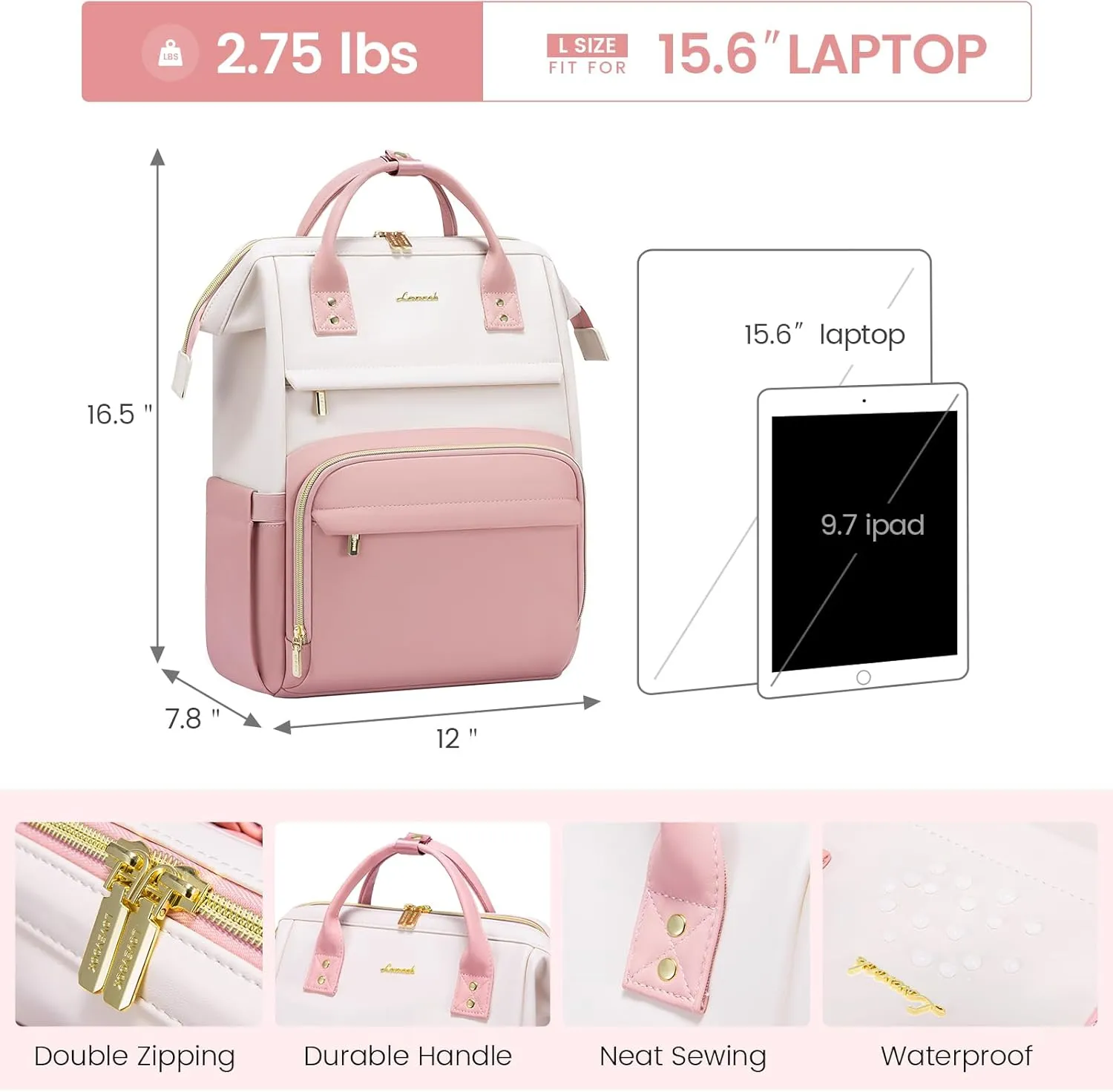 LOVEVOOK Leather Backpack for Women, 15.6 Inch Laptop Bag, Professional Work Tote for Nurse College Teacher, Computer Travel Purse, Beige White-Pink