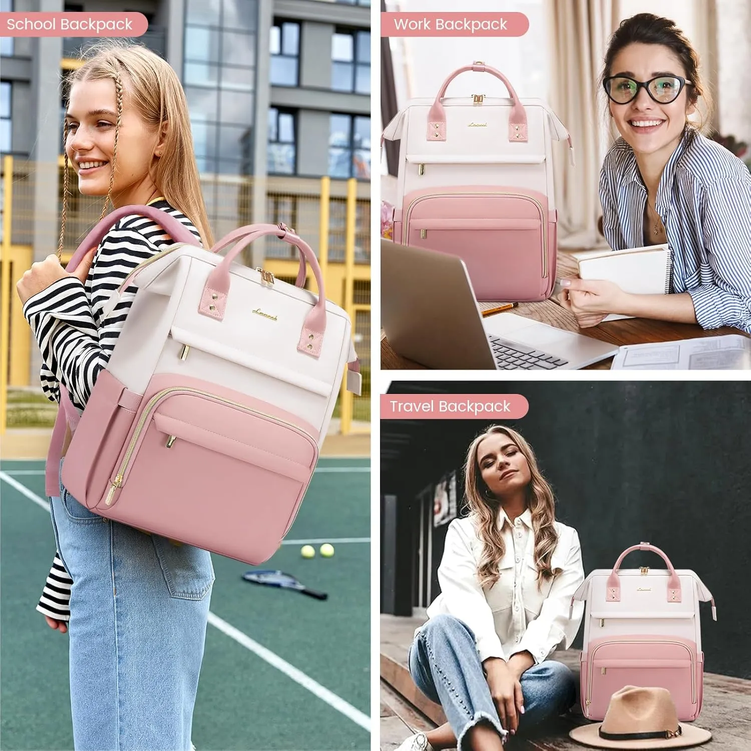 LOVEVOOK Leather Backpack for Women, 15.6 Inch Laptop Bag, Professional Work Tote for Nurse College Teacher, Computer Travel Purse, Beige White-Pink