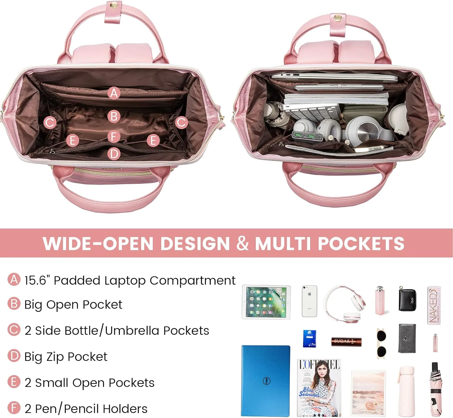 LOVEVOOK Leather Backpack for Women, 15.6 Inch Laptop Bag, Professional Work Tote for Nurse College Teacher, Computer Travel Purse, Beige White-Pink