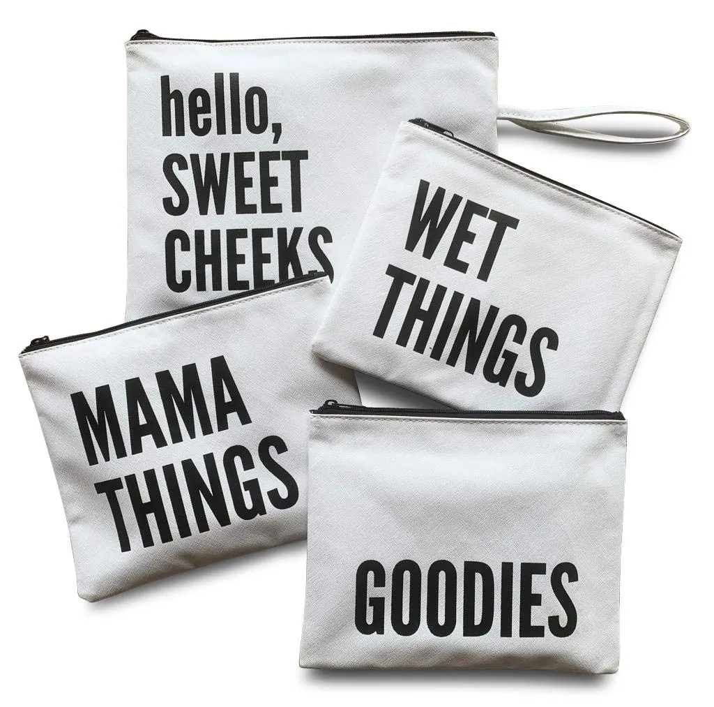 Lucky Love Diaper Bag Organizing Pouches | Set of 4 Including Diaper Clutch | Dry Wet Bag (White & Black)
