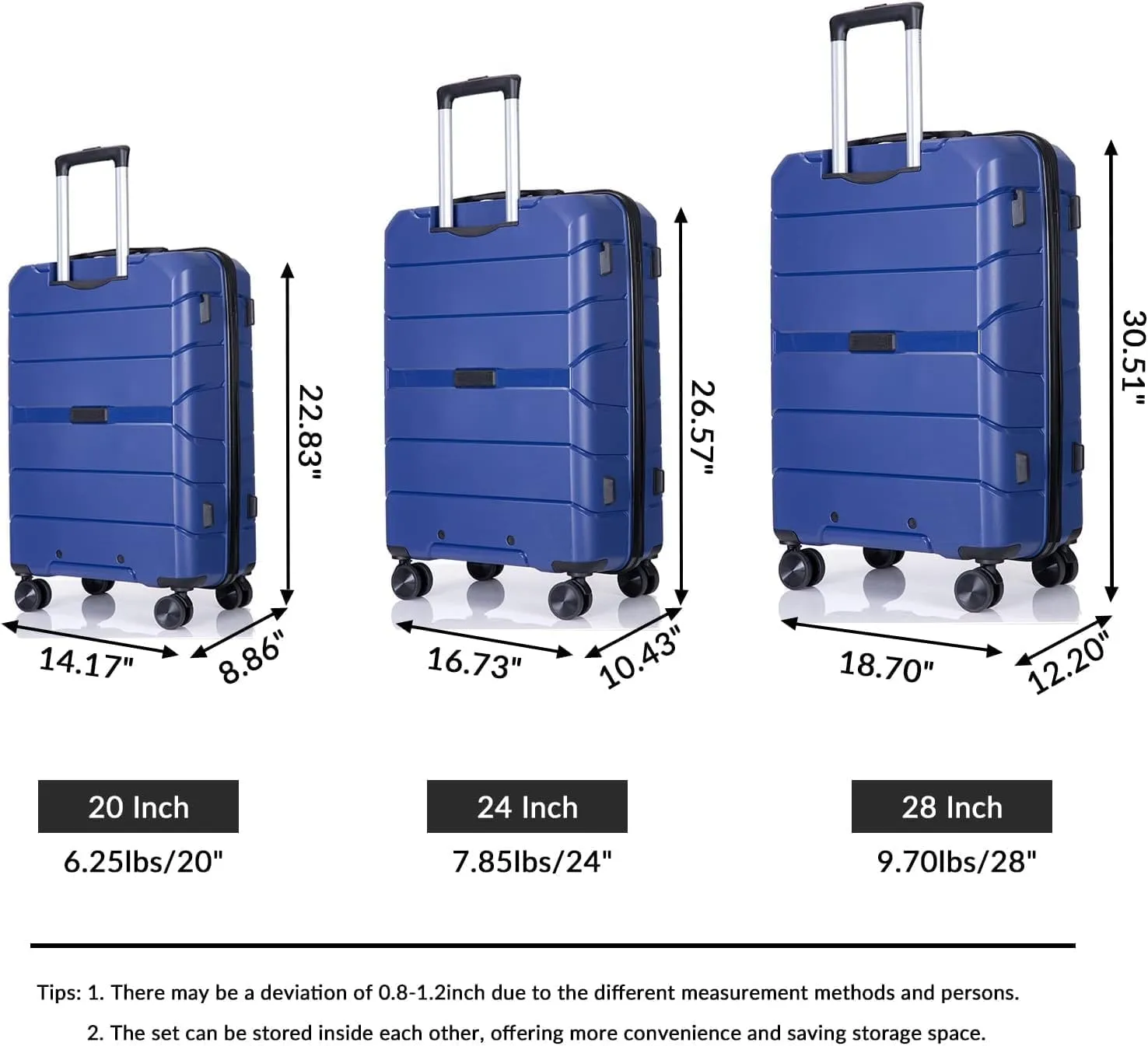 Luggage Sets Wear-Resistance Hardside Lightweight Suitcase Double Spinner Wheels, TSA Lock,Two Hooks, Scratch-resistant Carry-on,3 Piece Set(20inch 24inch 28inch) (Blue)