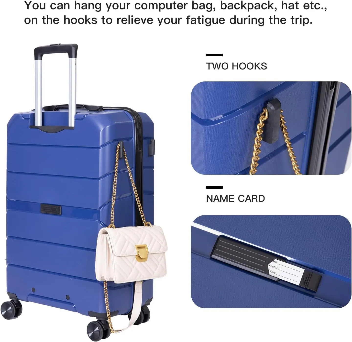 Luggage Sets Wear-Resistance Hardside Lightweight Suitcase Double Spinner Wheels, TSA Lock,Two Hooks, Scratch-resistant Carry-on,3 Piece Set(20inch 24inch 28inch) (Blue)