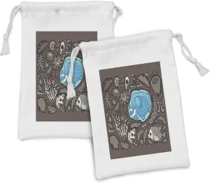 Lunarable Cartoon Fabric Pouch Set of 2, Archaeological Theme Consisting of Bones Leaves and Skeletons Geological, Small Drawstring Bag for Toiletries Masks and Favors, 9" x 6", Umber Deep Sky Blue