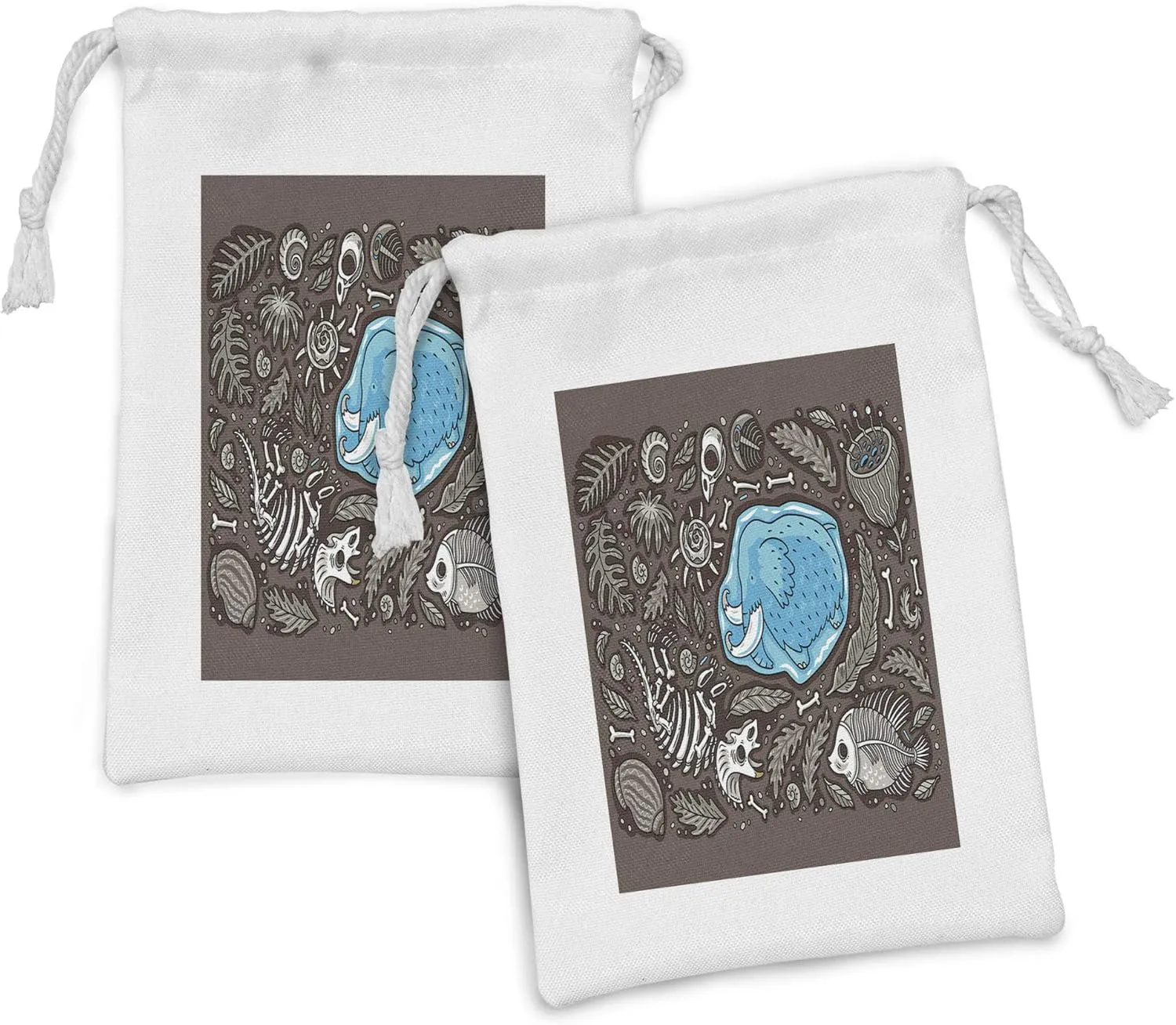 Lunarable Cartoon Fabric Pouch Set of 2, Archaeological Theme Consisting of Bones Leaves and Skeletons Geological, Small Drawstring Bag for Toiletries Masks and Favors, 9" x 6", Umber Deep Sky Blue