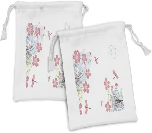 Lunarable Dragonfly Fabric Pouch Set of 2, Dragonflies Flower Field Spring Season Inspirational Natural Ecological Life Theme, Small Drawstring Bag for Toiletries Masks and Favors, 9" x 6", Pink Blue