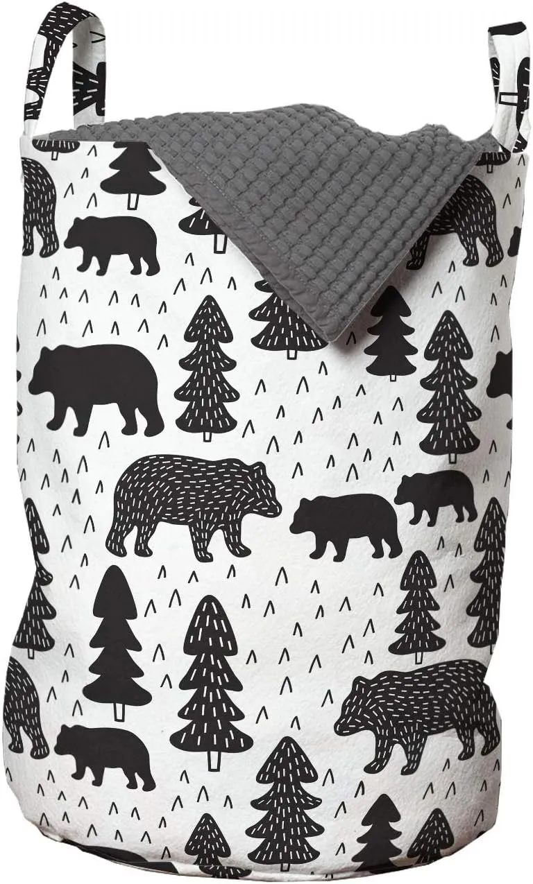 Lunarable Forest Laundry Bag, Doodle Woodland Grizzly Bears Pine Trees Winter Foliage Scandinavian, Hamper Basket with Handles Drawstring Closure for Laundromats, 13" x 19", Grey Charcoal