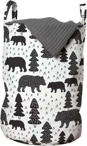 Lunarable Forest Laundry Bag, Doodle Woodland Grizzly Bears Pine Trees Winter Foliage Scandinavian, Hamper Basket with Handles Drawstring Closure for Laundromats, 13" x 19", Grey Charcoal