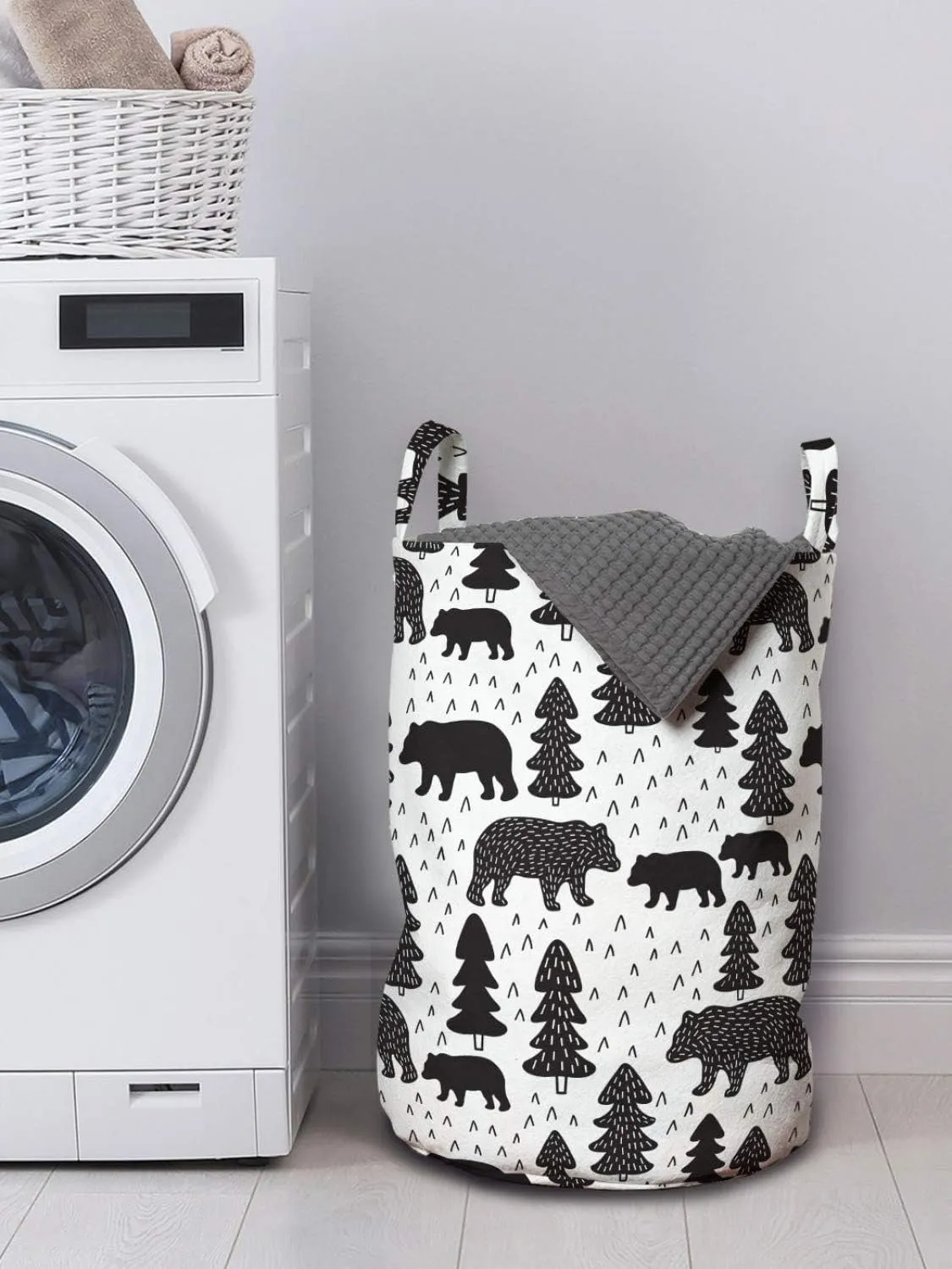 Lunarable Forest Laundry Bag, Doodle Woodland Grizzly Bears Pine Trees Winter Foliage Scandinavian, Hamper Basket with Handles Drawstring Closure for Laundromats, 13" x 19", Grey Charcoal