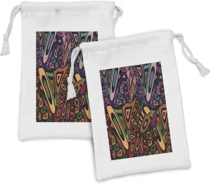 Lunarable Groovy Fabric Pouch Set of 2, Vintage Funky Mix Trippy Traditional Cultural Ceremony Pattern, Small Drawstring Bag for Toiletries Masks and Favors, 9" x 6", Multicolor