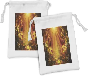 Lunarable Landscape Fabric Pouch Set of 2, Majestic Cloudscape Scenery with Sun Rays Dramatic Artwork Print, Small Drawstring Bag for Toiletries Masks and Favors, 9" x 6", Orange and Brown