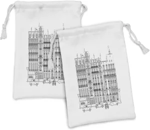 Lunarable Paris Fabric Pouch Set of 2, Illustration of Facades in Paris Cars Bicycle History Travel Monumental Destinations, Small Drawstring Bag for Toiletries Masks and Favors, 9" x 6", Black White
