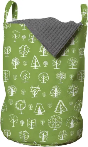 Lunarable Pine Tree Laundry Bag, Pattern with Doodle Trees Nature Inspired Sketch Art Environment Ecology, Hamper Basket with Handles Drawstring Closure for Laundromats, 13" x 19", Lime Green White
