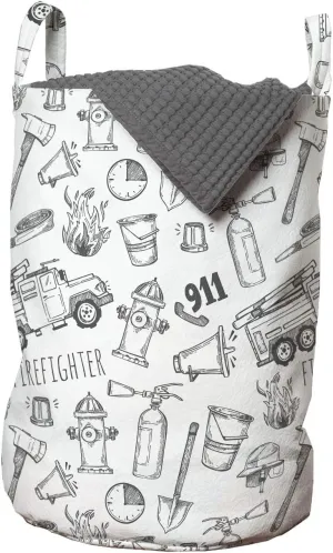 Lunarable Truck Laundry Bag, Hand Drawn Style Pattern Emergency Rescue Mission Illustration, Hamper Basket with Handles Drawstring Closure for Laundromats, 13" x 19", Charcoal Grey