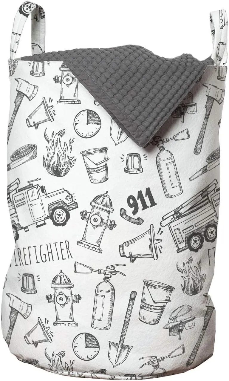 Lunarable Truck Laundry Bag, Hand Drawn Style Pattern Emergency Rescue Mission Illustration, Hamper Basket with Handles Drawstring Closure for Laundromats, 13" x 19", Charcoal Grey
