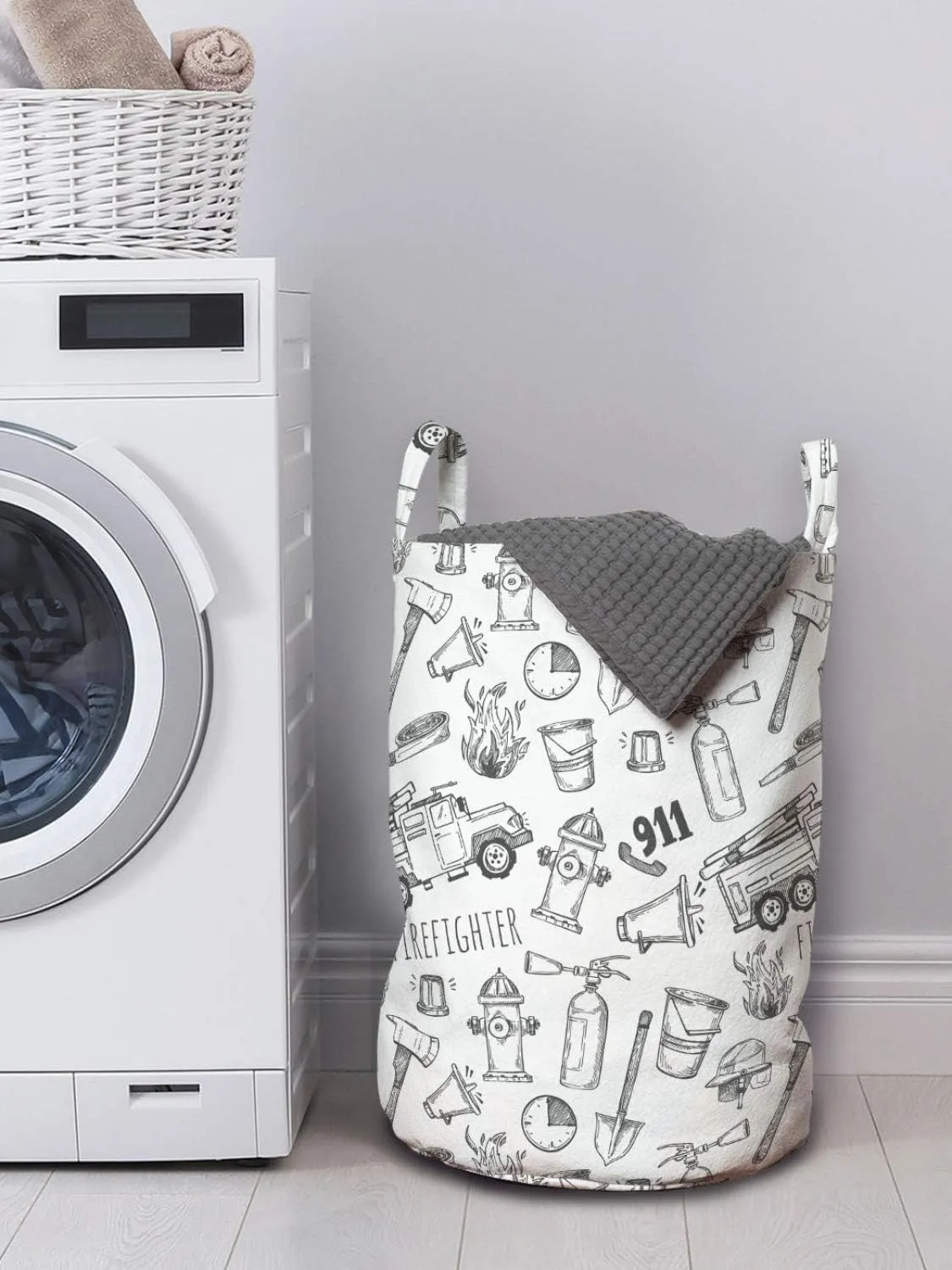 Lunarable Truck Laundry Bag, Hand Drawn Style Pattern Emergency Rescue Mission Illustration, Hamper Basket with Handles Drawstring Closure for Laundromats, 13" x 19", Charcoal Grey
