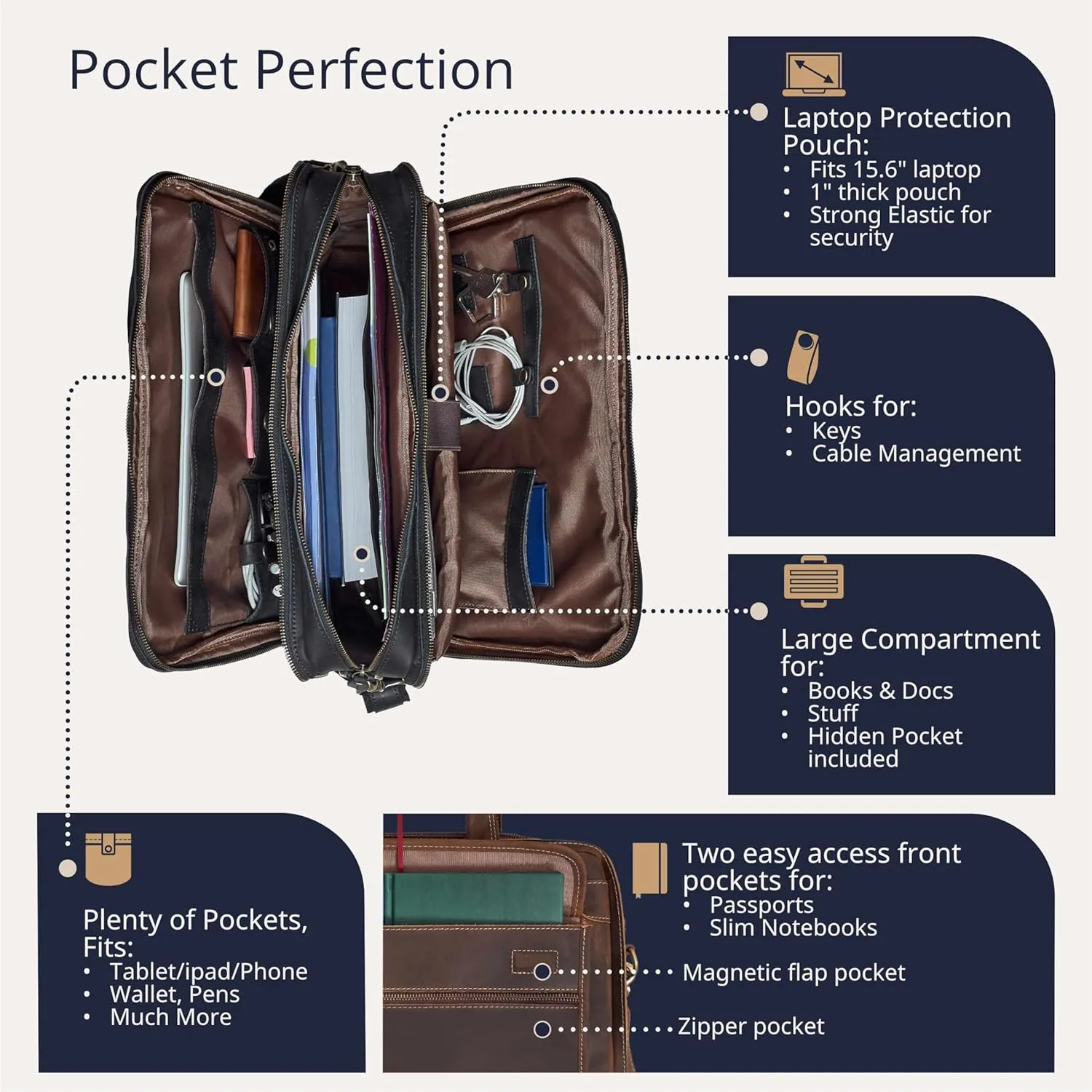 Luxorro Leather Briefcase For Men, Multiple Compartments, Fits 17 Inch Laptop, Black