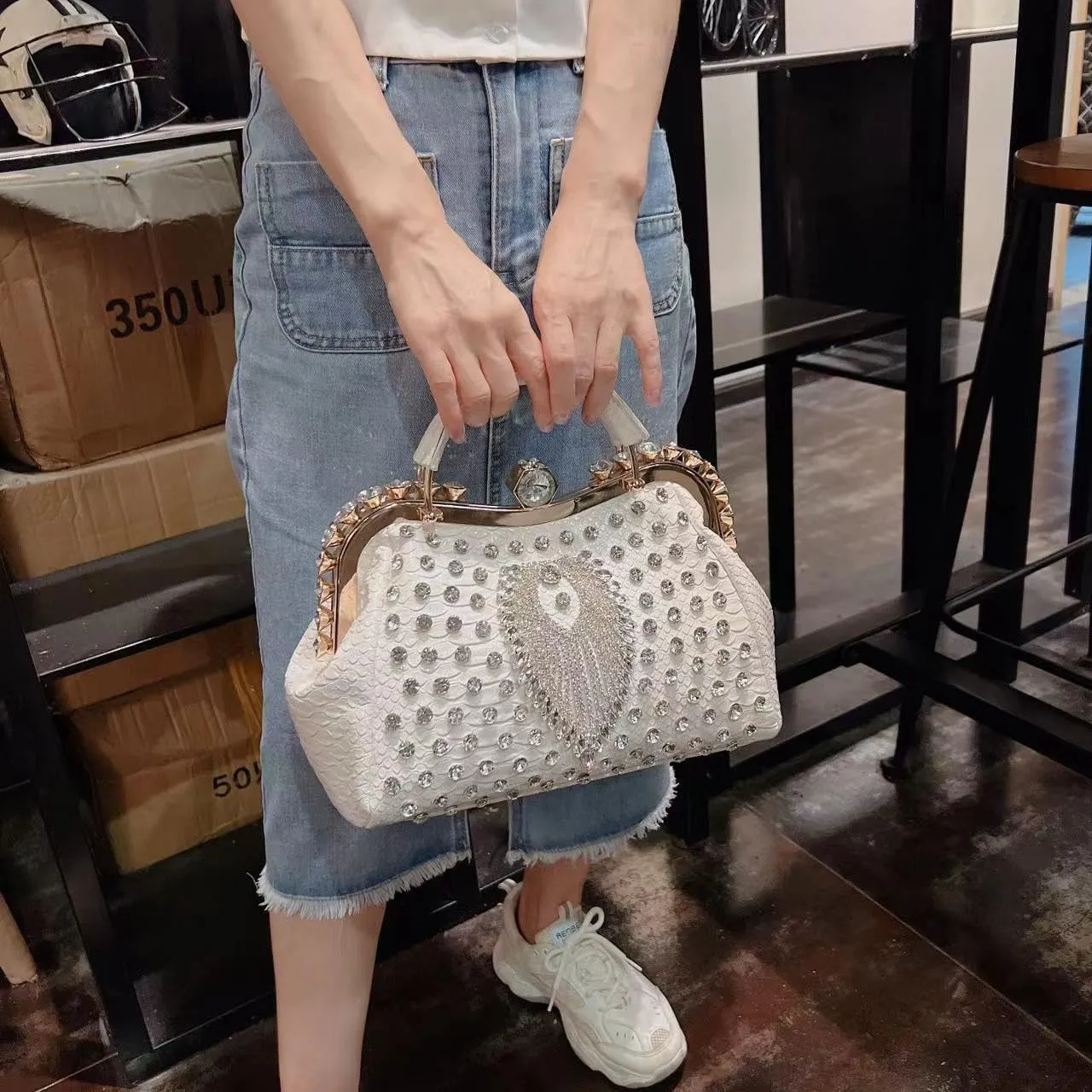 Luxury Fashion Diamonds Bag For Women Leather Top Handle Satchel Handbags Clip Rhinestone Purses Tote Shoulder Crossbody Bags
