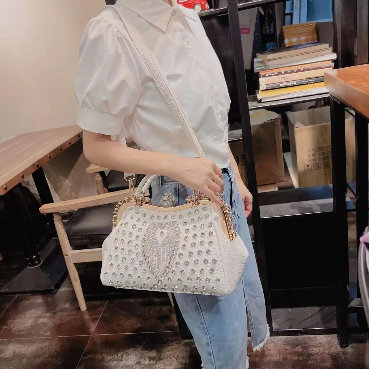 Luxury Fashion Diamonds Bag For Women Leather Top Handle Satchel Handbags Clip Rhinestone Purses Tote Shoulder Crossbody Bags