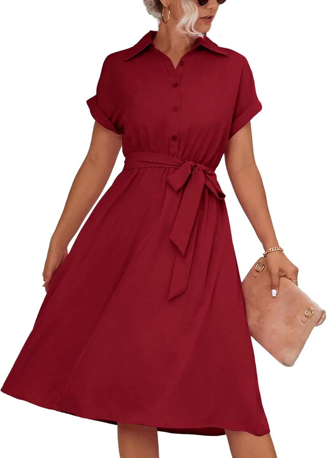 LYANER Women's Collar V Neck Button Front Tie Waist Short Sleeve Ruffle Hem Midi Dress